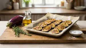 Fette di melanzane al forno su teglia con carta forno, olio d'oliva, rosmarino e sale grosso