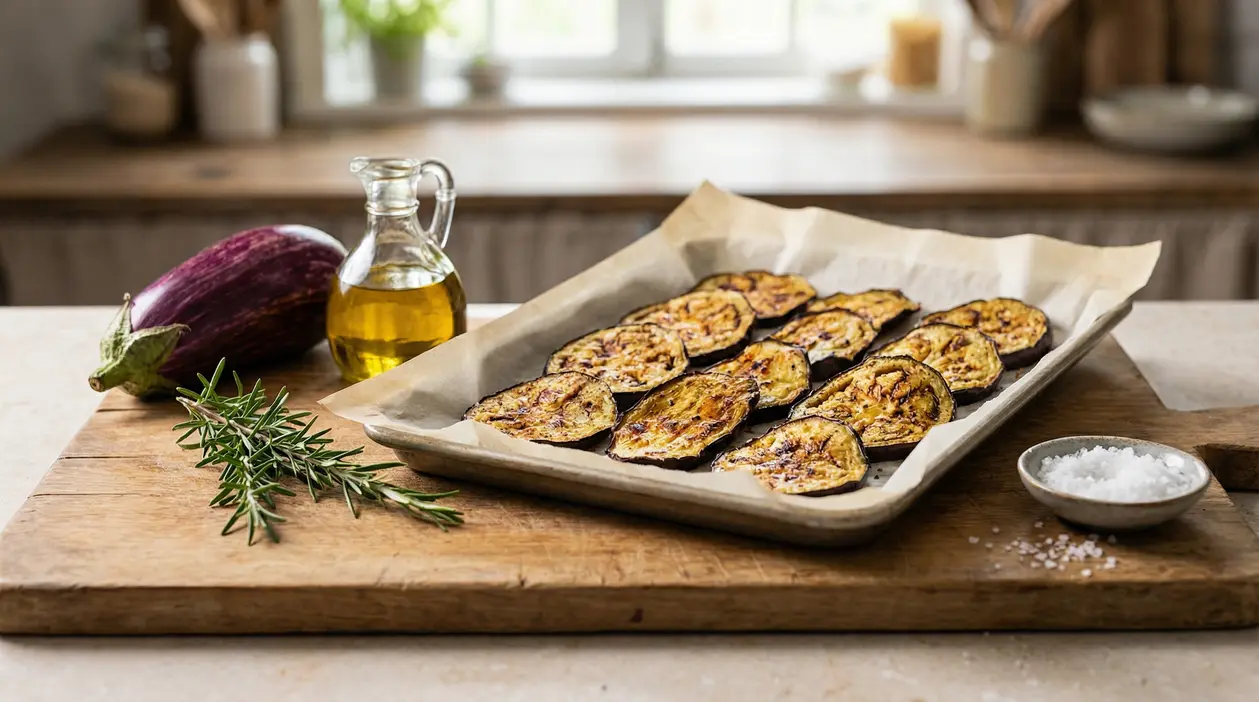 Fette di melanzane al forno su teglia con carta forno, olio d'oliva, rosmarino e sale grosso