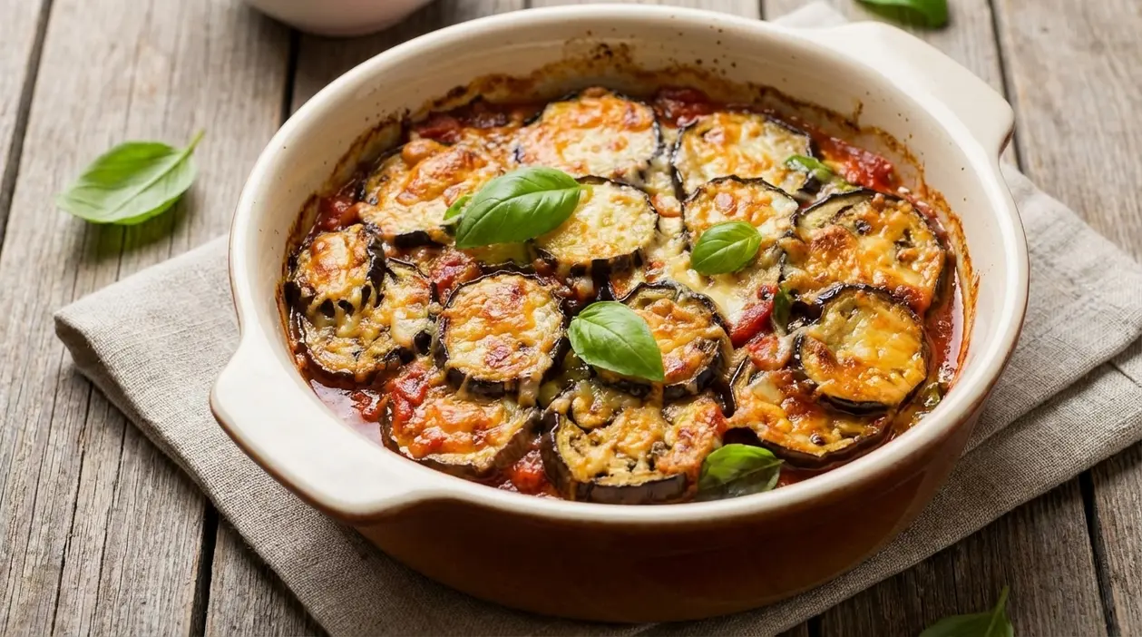 Teglia di melanzane al forno con pomodoro, formaggio fuso e foglie di basilico