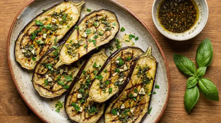 Melanzane grigliate condite con mix di erbe, aglio e olio, servite su un piatto