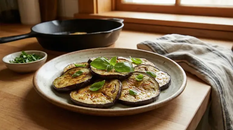 Fette di melanzane grigliate con basilico servite su un piatto rustico in cucina