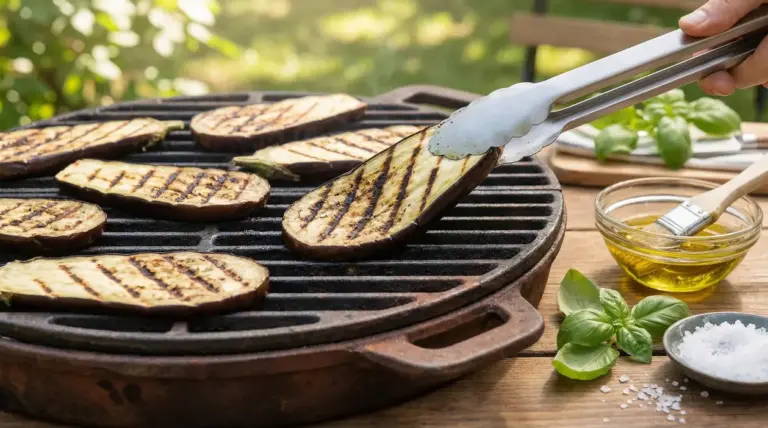 Fette di melanzane grigliate su barbecue con pinza da cucina