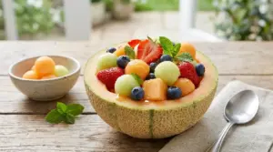 Mezzo melone cantalupo usato come ciotola, ripieno di macedonia con fragole, mirtilli, uva e foglie di menta