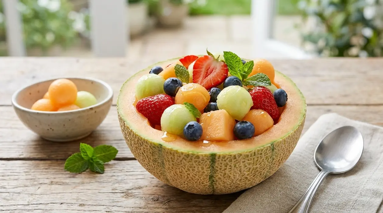 Mezzo melone cantalupo usato come ciotola, ripieno di macedonia con fragole, mirtilli, uva e foglie di menta