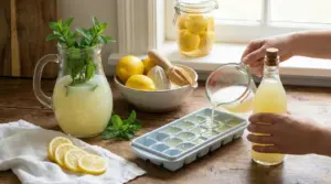 Succo di limone versato in una vaschetta per cubetti di ghiaccio su un tavolo con limoni e menta