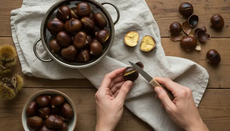 Mani che incidono una castagna con un coltello su tavolo di legno, con castagne in colapasta e ciotola