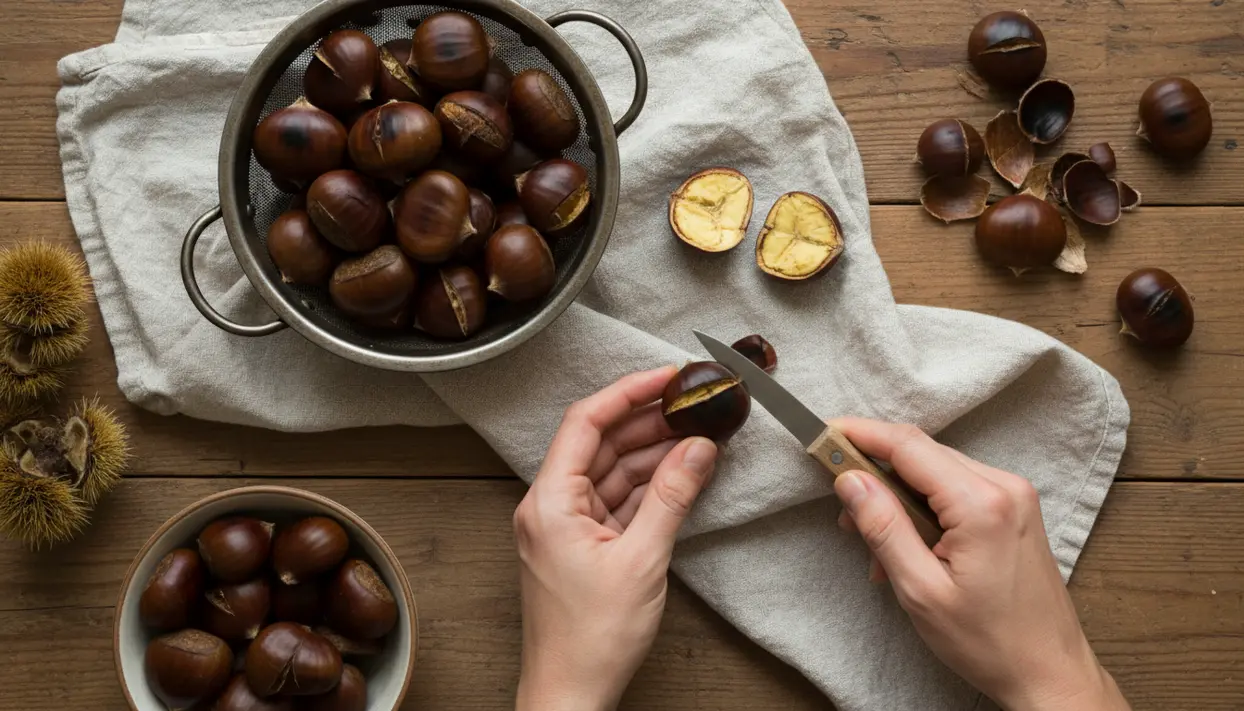Mani che incidono una castagna con un coltello su tavolo di legno, con castagne in colapasta e ciotola