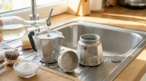 Pulizia di una moka con ingredienti naturali vicino a un lavello da cucina