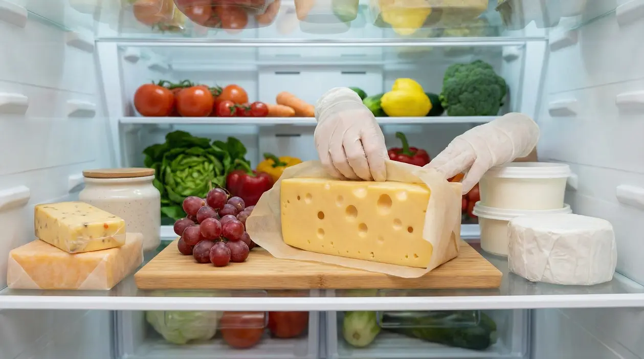 Una mano con guanti avvolge un formaggio svizzero in frigorifero accanto a frutta e verdura fresca