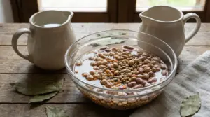 Ciotola di legumi secchi in ammollo con acqua su tavolo rustico di legno