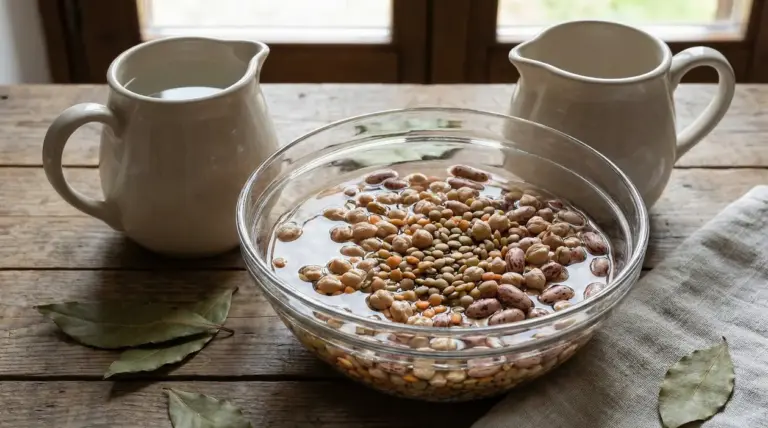 Ciotola di legumi secchi in ammollo con acqua su tavolo rustico di legno