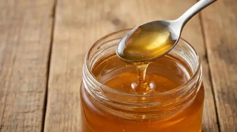 Cucchiaio di metallo con miele sopra un barattolo di miele appoggiato su un tavolo di legno