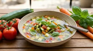 Zuppa di minestrone estivo con verdure fresche come carote, zucchine, pomodori e basilico.