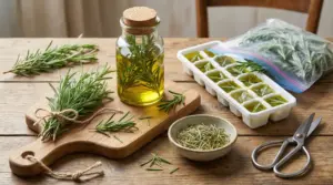 Rametti di rosmarino conservati in vari modi su un tavolo di legno