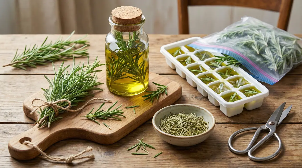 Rametti di rosmarino conservati in vari modi su un tavolo di legno