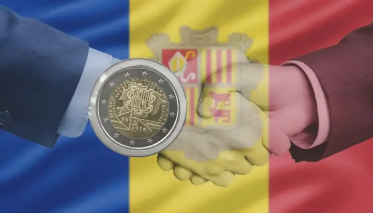 Moneta da 2 euro del 2015 con lo stemma di Andorra tra due mani che si stringono davanti alla bandiera andorrana