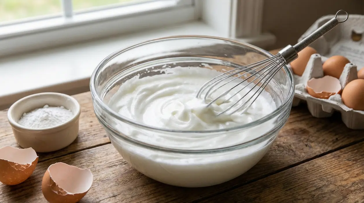 Ciotola di vetro con albumi montati a neve accanto a uova e frusta da cucina