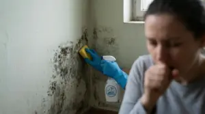 Persona che pulisce la muffa da un angolo di parete con guanti e spray, mentre un’altra persona tossisce