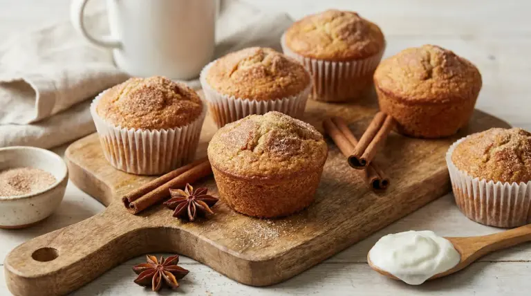 Muffin alla cannella e yogurt su un tagliere di legno con spezie e yogurt