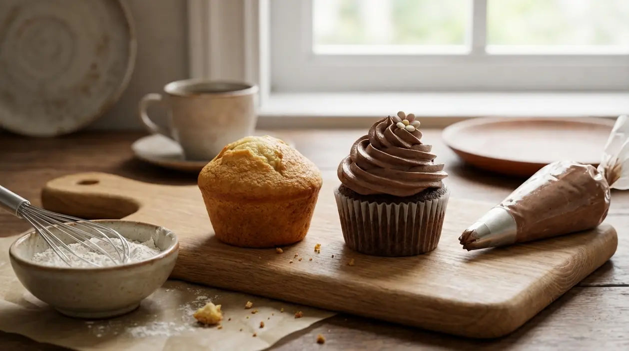 Muffin semplice e cupcake al cioccolato con glassa su tagliere di legno in cucina