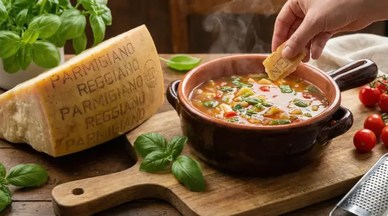 Crostino con scorza di Parmigiano Reggiano immerso in una zuppa di verdure fumante