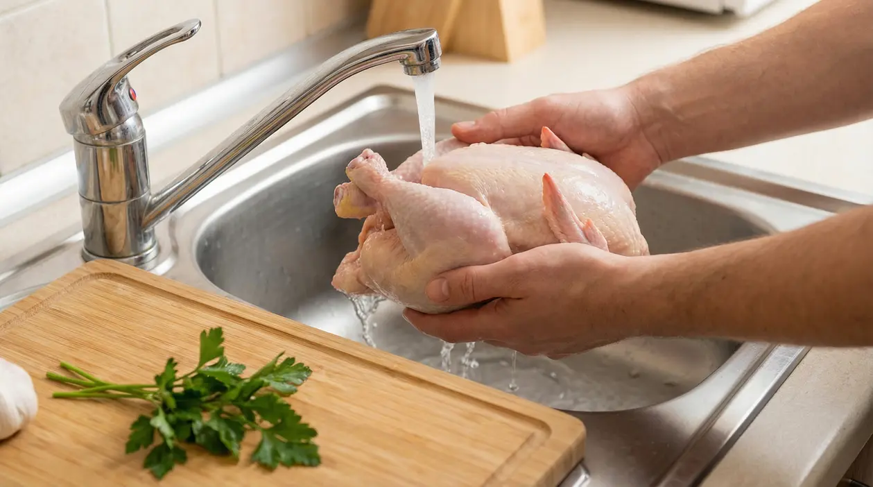 Una persona lava un pollo crudo sotto l'acqua in un lavandino da cucina