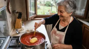 Una persona sorride mentre cucina un sugo rosso in una pentola su un fornello
