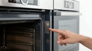 Mano che indica i numeri e le tacche di temperatura all’interno della porta di un forno da incasso aperto