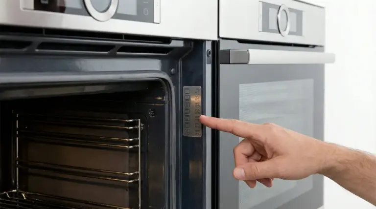 Mano che indica i numeri e le tacche di temperatura all’interno della porta di un forno da incasso aperto