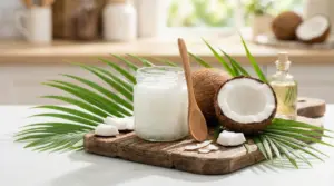 Barattolo di olio di cocco, cucchiaio di legno e cocco tagliato su un tagliere con foglie verdi