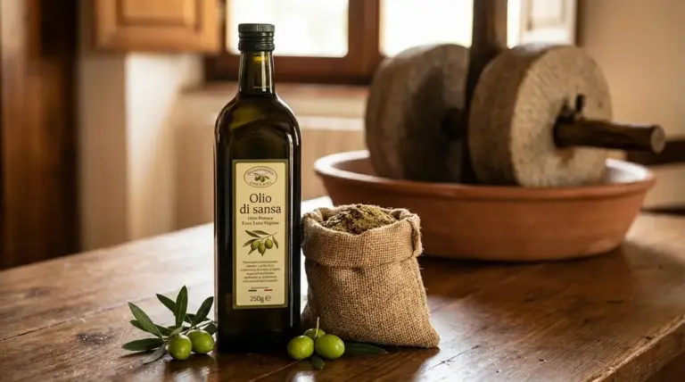Bottiglia di olio di sansa con olive e sacchetto di juta su tavolo in legno, con macina sullo sfondo