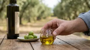 Mano che prende un bicchiere di olio extravergine d'oliva accanto a bottiglia e olive verdi su tavolo rustico