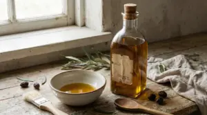 Bottiglia di olio d'oliva con etichetta usurata accanto a una ciotola e rametti di ulivo su un tavolo