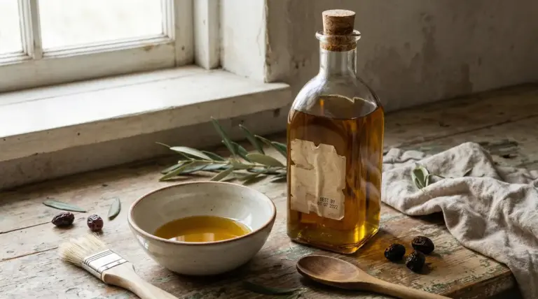 Bottiglia di olio d'oliva con etichetta usurata accanto a una ciotola e rametti di ulivo su un tavolo