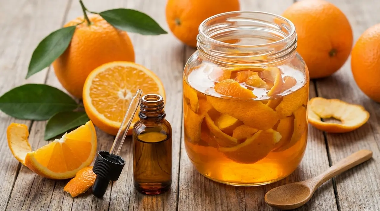 Barattolo con bucce d’arancia in infusione e boccetta contagocce di olio essenziale su tavolo di legno