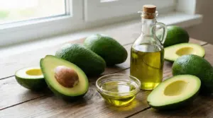 Avocadi interi e tagliati accanto a una bottiglia e una ciotola di olio su un tavolo di legno