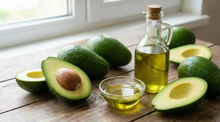 Avocadi interi e tagliati accanto a una bottiglia e una ciotola di olio su un tavolo di legno