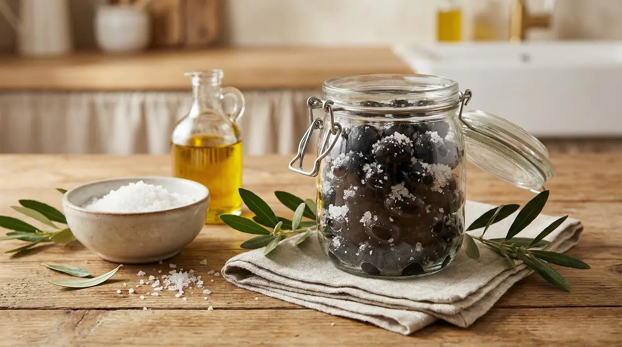 Barattolo di vetro con olive nere sotto sale su tavolo rustico