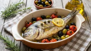 Orata al forno con pomodorini, olive e limone in pirofila rustica su tavolo di legno