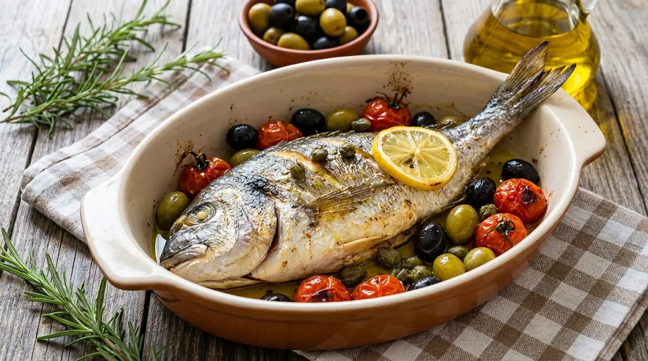 Orata al forno con pomodorini, olive e limone in pirofila rustica su tavolo di legno