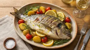 Orata al forno con patate, pomodorini, limone e rosmarino servita in piatto ovale