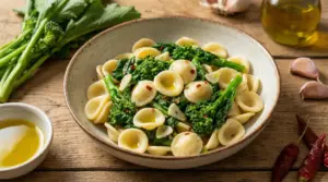 Piatto di orecchiette con cime di rapa, condito con aglio, olio e peperoncino