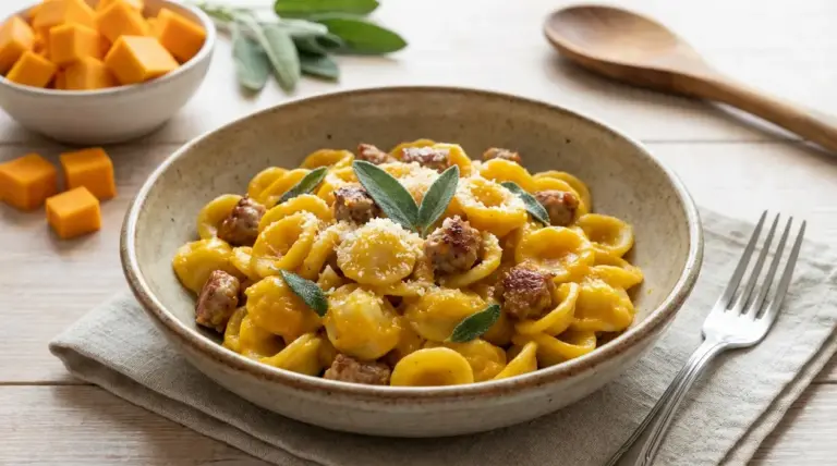 Ciotola di orecchiette con salsiccia e crema di zucca, guarnite con salvia e formaggio grattugiato