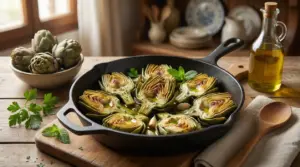 Carciofi tagliati a metà cotti in padella con aglio, olio e prezzemolo