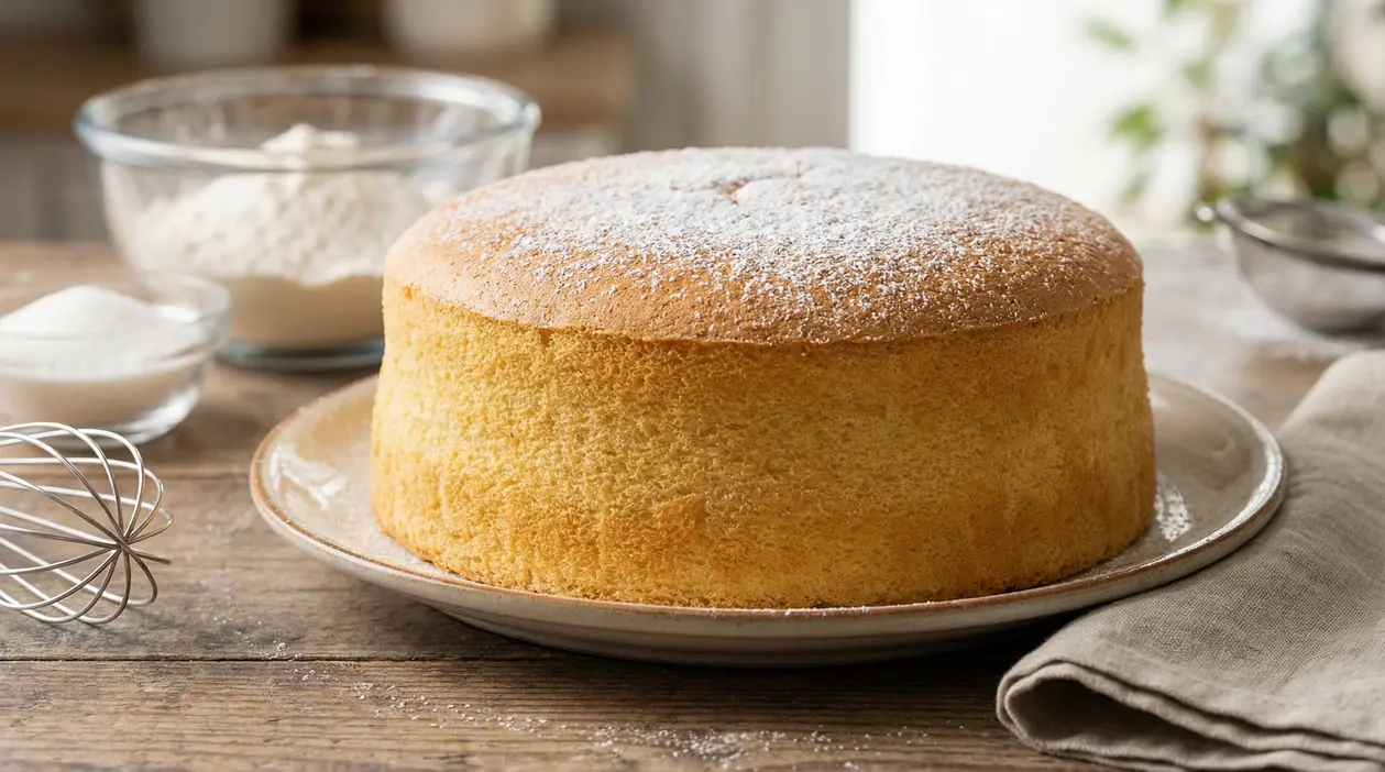 Pan di Spagna alto e soffice senza uova, spolverato di zucchero a velo su un piatto