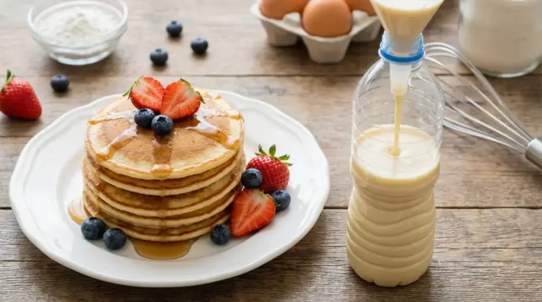 Pancake impilati con frutta fresca e sciroppo accanto a una bottiglia di plastica con pastella
