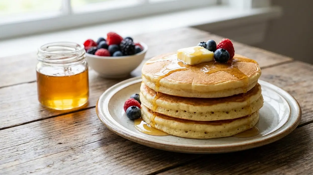 Pila di pancake leggeri con frutti di bosco, burro e sciroppo su un piatto, accanto a un vasetto di miele