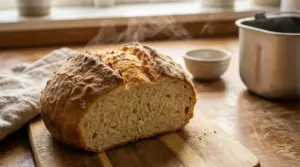 Pagnotta appena sfornata su tagliere, con crosta croccante e mollica morbida, con vapore che sale