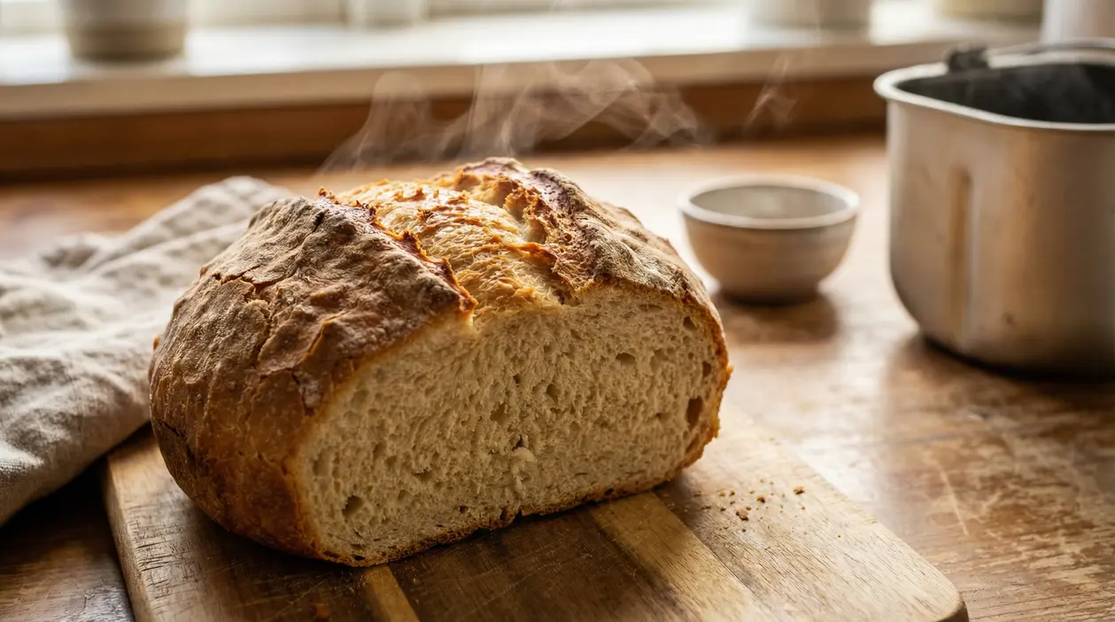 Pagnotta appena sfornata su tagliere, con crosta croccante e mollica morbida, con vapore che sale