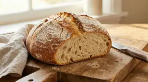 Pagnotta di pane fatto in casa senza lievito su un tagliere di legno